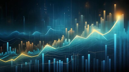 Abstract digital visualization of a glowing financial stock market chart showing growth and analytics. - Powered by Adobe