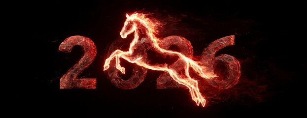 Fiery horse leaping over the year 2026 in glowing red design on black background. Chinese New Year concept