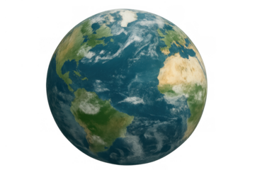 Planet earth rotating in space with visible continents, oceans, and atmosphere, global view on transparent background