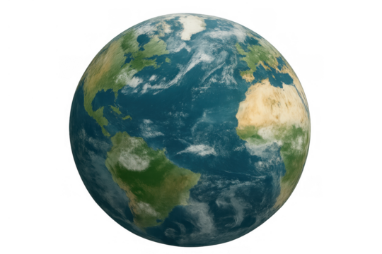 Planet earth rotating in space with visible continents, oceans, and atmosphere, global view on transparent background
