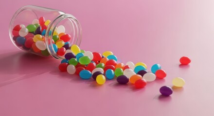 Colorful jelly beans spill out of a glass jar onto a pink background