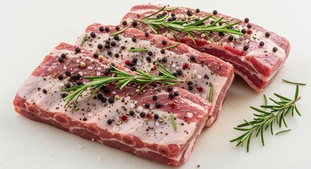 Fototapeta premium Raw pork ribs seasoned with rosemary salt and black pepper ready for cooking