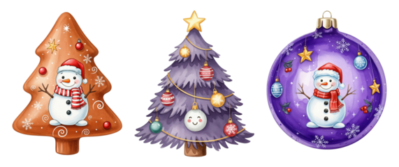 Charming Watercolor Christmas Holiday Decorations Set Featuring Adorable Snowmen, Decorated Purple Fir Tree, and Festive Bauble Ornament on a transparent background