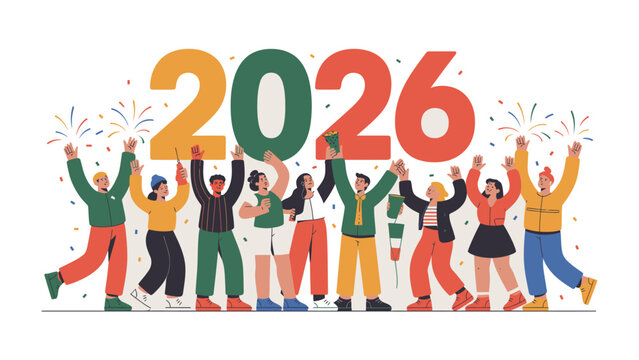 Celebrating the New Year: A group of diverse people ecstatically celebrate the arrival of the year 2026, their joyous faces mirroring a shared sense of optimism and excitement.