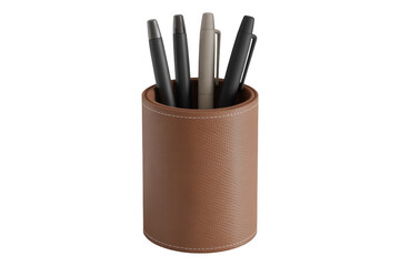 Fototapeta premium Brown leather pen holder with pens isolated on a transparent background