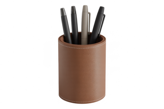Brown leather pen holder with pens isolated on a transparent background - Powered by Adobe