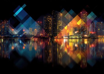 Night cityscape overlaid with colorful geometric shapes, reflecting in calm water below