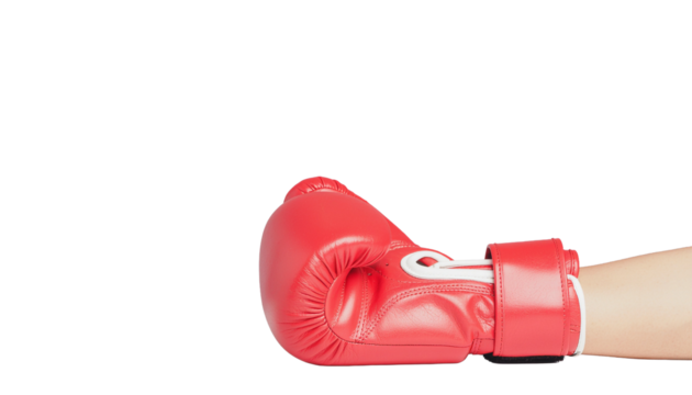 One red boxing glove on a human arm, with the glove facing right, wrist strap visible, partially extended arm. clean white background