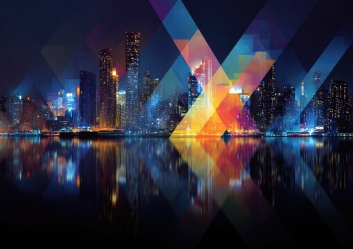 Nighttime cityscape with shimmering lights reflected in still water, overlaid with colorful geometric shapes