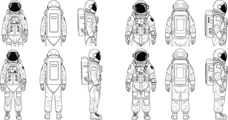 Astronauts depicted in full space suits from front, back, and side views, prepared for cosmic exploration missions