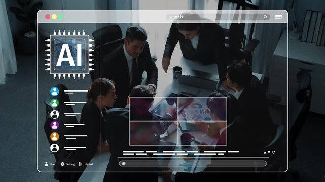 A dynamic scene of business professionals collaborating in a modern office, engaging with AI technology on computer screens while exploring abstract designs and ideas. Raster - Powered by Adobe