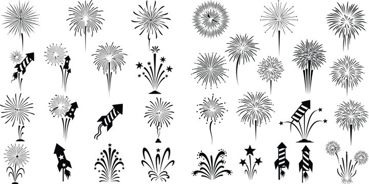 Collection of various fireworks rockets and explosions illustrating celebration events and festive occasions