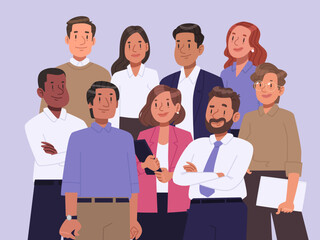 Business team. Portrait of a group of colleagues, business men and women, office workers. Vector illustration