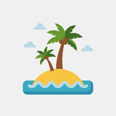Fototapeta premium Tropical island with palm trees surrounded by blue water and a cloudy sky.