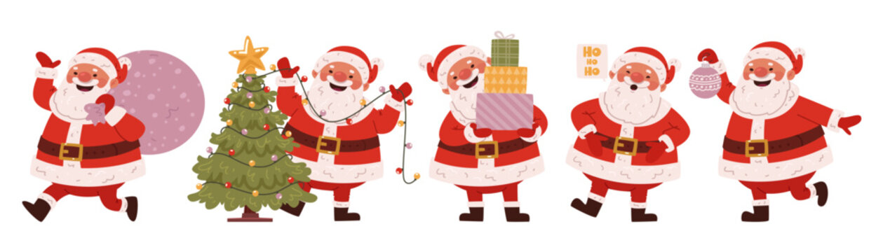 Cute Santa Claus character set against a white background. Father Frost decorates a Christmas tree, carries a sack, and gives gifts. Vector illustration