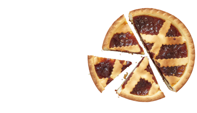 A partially sliced jam tart with a lattice crust, several cut pieces removed, isolated on a white background. alpha channel