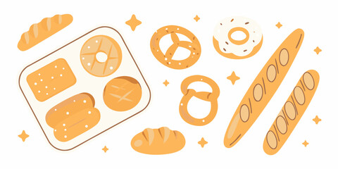 Assorted bakery goods illustration with baguettes pretzels donuts and bread