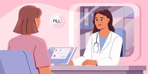 Doctor consulting patient about pill medication in clinic office illustration