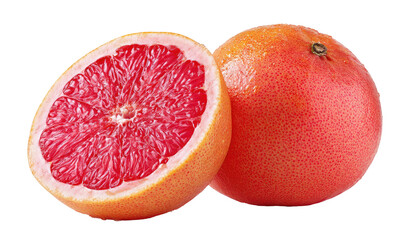 Juicy red grapefruit, whole and cut in half, isolated