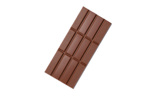 A rectangular milk chocolate bar with segmented squares, angled on the right, in a studio shot. pure white background