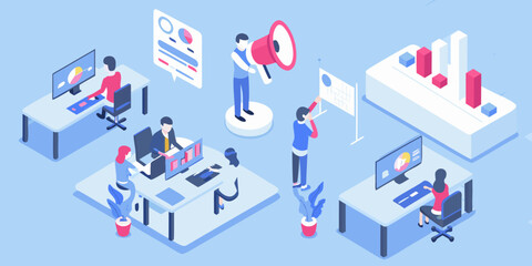 Isometric business team working on data analysis and marketing strategy