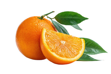 Bright orange citrus fruit with a slice and green leaves
