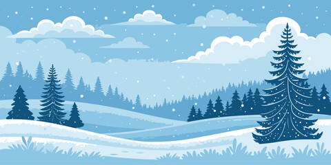 Charming snowy landscape with evergreen trees and gentle snowfall, perfect for holiday greetings and winter promotions, cool serene design