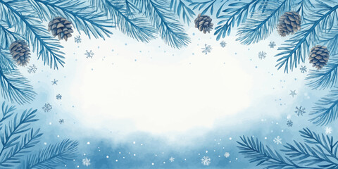 Watercolor winter frame with pine branches and pinecones, inviting seasonal cheer with a blank space for personalized messages