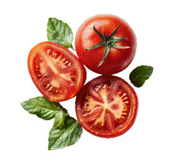Fresh red tomatoes with basil leaves against black background