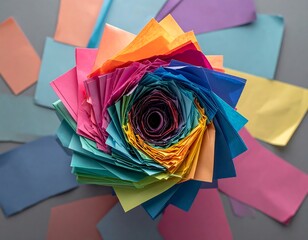 Overhead shot of a colorful spiral composed of layered paper squares, surrounded by scattered single sheets