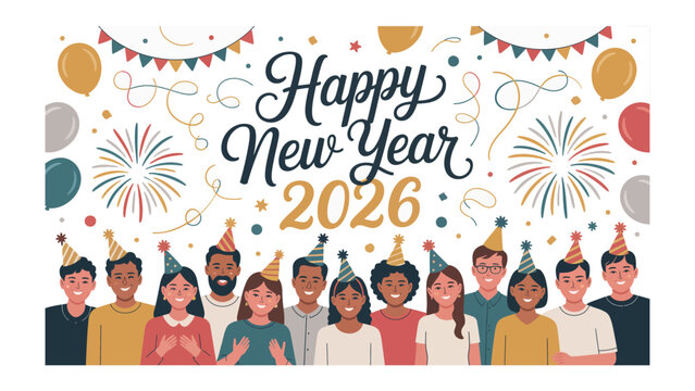 New Year's Celebration: A festive illustration of diverse individuals gathered to celebrate the New Year, full of joy and anticipation.