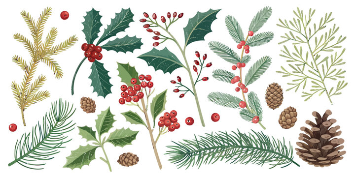 Festive Christmas botanical elements for elegant holiday designs, bringing joy and warmth to your winter projects, seasonal celebrations - Powered by Adobe