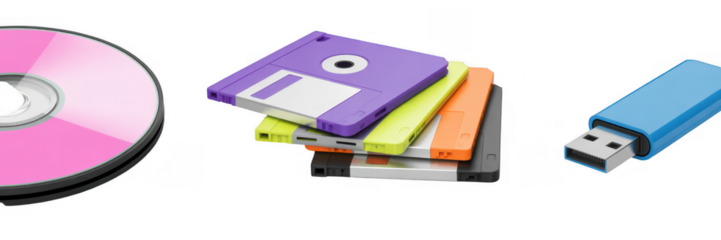 C D floppy disks and U S B drive isolated on a transparent background