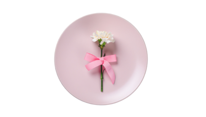 White carnation with a pink ribbon on a pink plate, centered on a white background, top down view, simple composition. product shot isolated