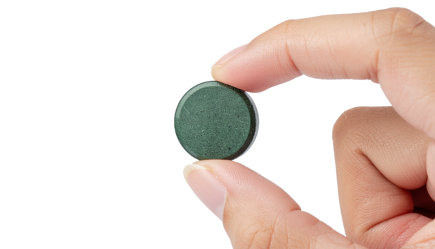 Hand holding a small, dark green, circular object, possibly a pill or token, between thumb and forefinger. isolated on white