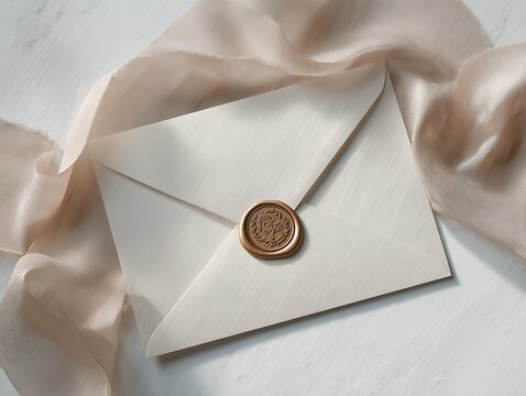 Elegant ivory envelope sealed with a golden wax seal and draped with soft silk ribbon