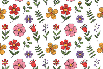 Bright Mini Floral Seamless Pattern – Cute Hand-Drawn Flowers & Leaves Design