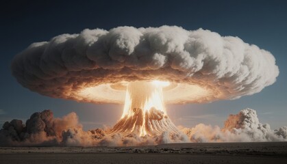 Mushroom cloud rises after a powerful explosion at sunset over a barren landscape Generative AI