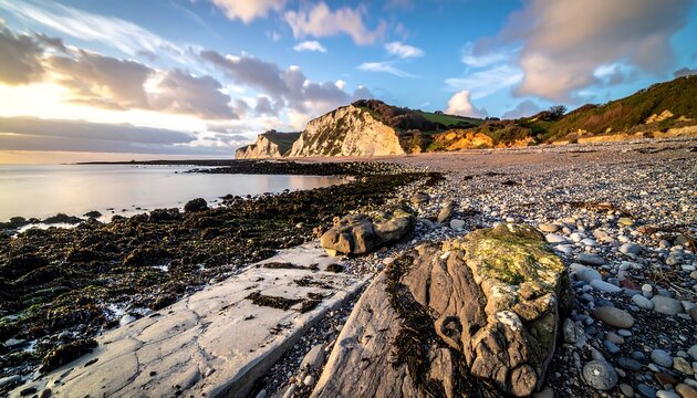Coastal scene during dawn or dusk. Rocky foreground leads to a sandy beach. Chalky cliffs form a backdrop under a cloudy sky