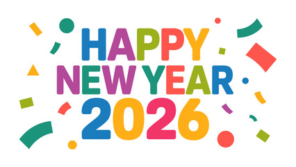 Happy New Year 2026: A vibrant and colorful design, perfect for sending warm wishes, the image is festooned with colorful confetti, this graphic is a symbol of new beginnings and joyous celebration. 
