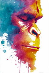 Vibrant watercolor splash portrait of a thoughtful lord hanuman with closed eyes.
