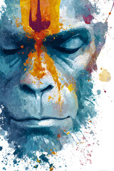 Close up watercolor portrait of a lord hanuman with vibrant paint splashes and a forehead marking.