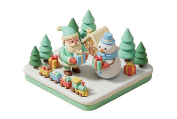 3Dクレイ風サンタと雪だるまのクリスマスシーン