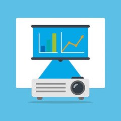 Projector displaying a graph with an upward trending arrow and bar chart.