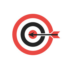 An arrow hits the center of a target with red and black rings.