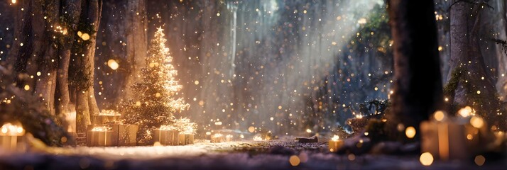 Enchanted forest path illuminated by magical glowing particles and soft golden light