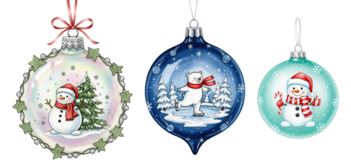 Charming Christmas Ornaments Collection with Cheerful Snowmen and Ice Skating Polar Bear, Festive Winter Holiday Decorations