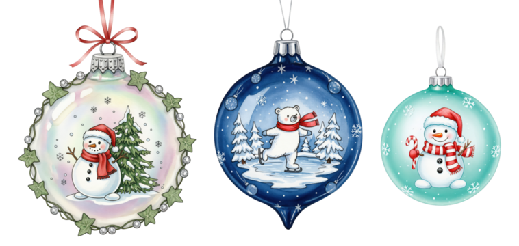 Charming Christmas Ornaments Collection with Cheerful Snowmen and Ice Skating Polar Bear, Festive Winter Holiday Decorations