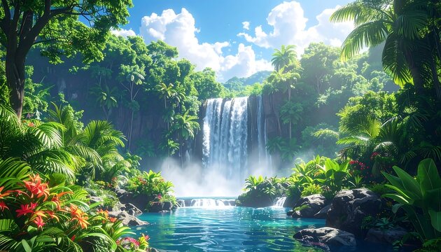 Lush, vibrant tropical scene featuring a cascading waterfall, framed by dense greenery, blue waters, and a bright sky with fluffy clouds