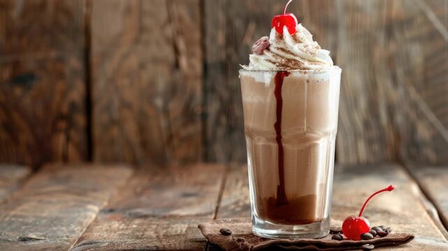 Chocolate milkshake with whipped cream, chocolate sauce, and cherries in glass on wooden table